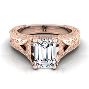 14K Rose Gold Emerald Cut  Hand Engraved and Milgrain Vintage Solitaire Engagement Ring