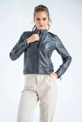 Gray Genuine Cropped Leather Jacket