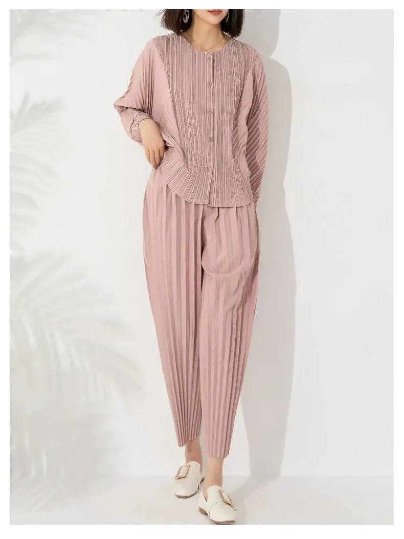 Women's 2 Piece Pleated Button-Up Top & Pants Set